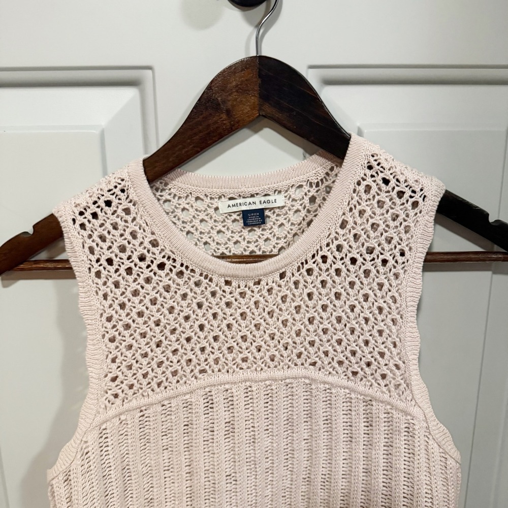 American Eagle Sweater Top Women Size S Cream Pointelle Knit Scalloped Hem Boho - Picture 2 of 7